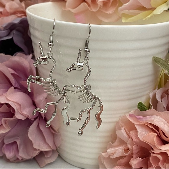 Gothic Silver Unicorn Skeleton Dangle Earrings - Picture 10 of 16